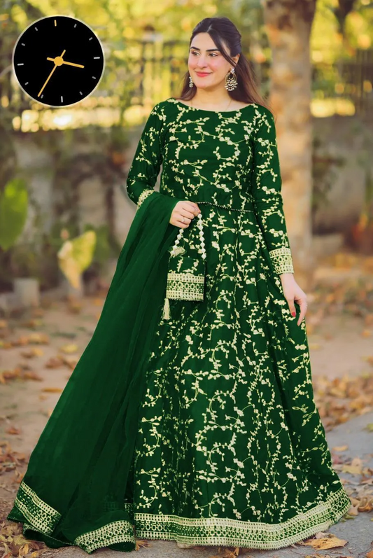 4 Pcs Women's Stitched Katan Silk Embroidered Lehenga Choli