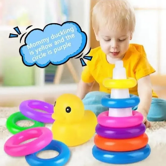 Ring Tower Toy / Kids Baby's Bath Tub Floating Toy Adorable Yellow Duck Toy with Plastic Rainbow Color Stacking Rings Tower Toy