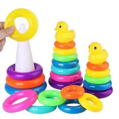 Ring Tower Toy / Kids Baby's Bath Tub Floating Toy Adorable Yellow Duck Toy with Plastic Rainbow Color Stacking Rings Tower Toy