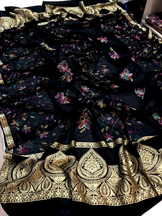 2 Pcs Women's Unstitched Katan Silk Embroidered Suit